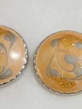 Handcrafted Peach and Gray Swirl Button Earrings